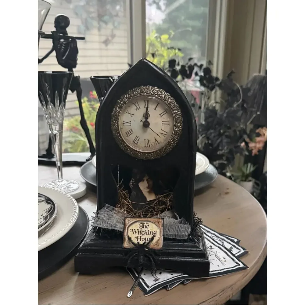 NWT Halloween Witch Black Gothic Mantel Faux ClockDecor - The Witching Hour